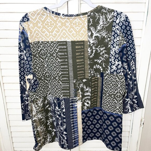 Christopher & Banks Patchwork Blue Green Brown 3/4 Sleeve Top Size Large NWOT - Picture 4 of 4